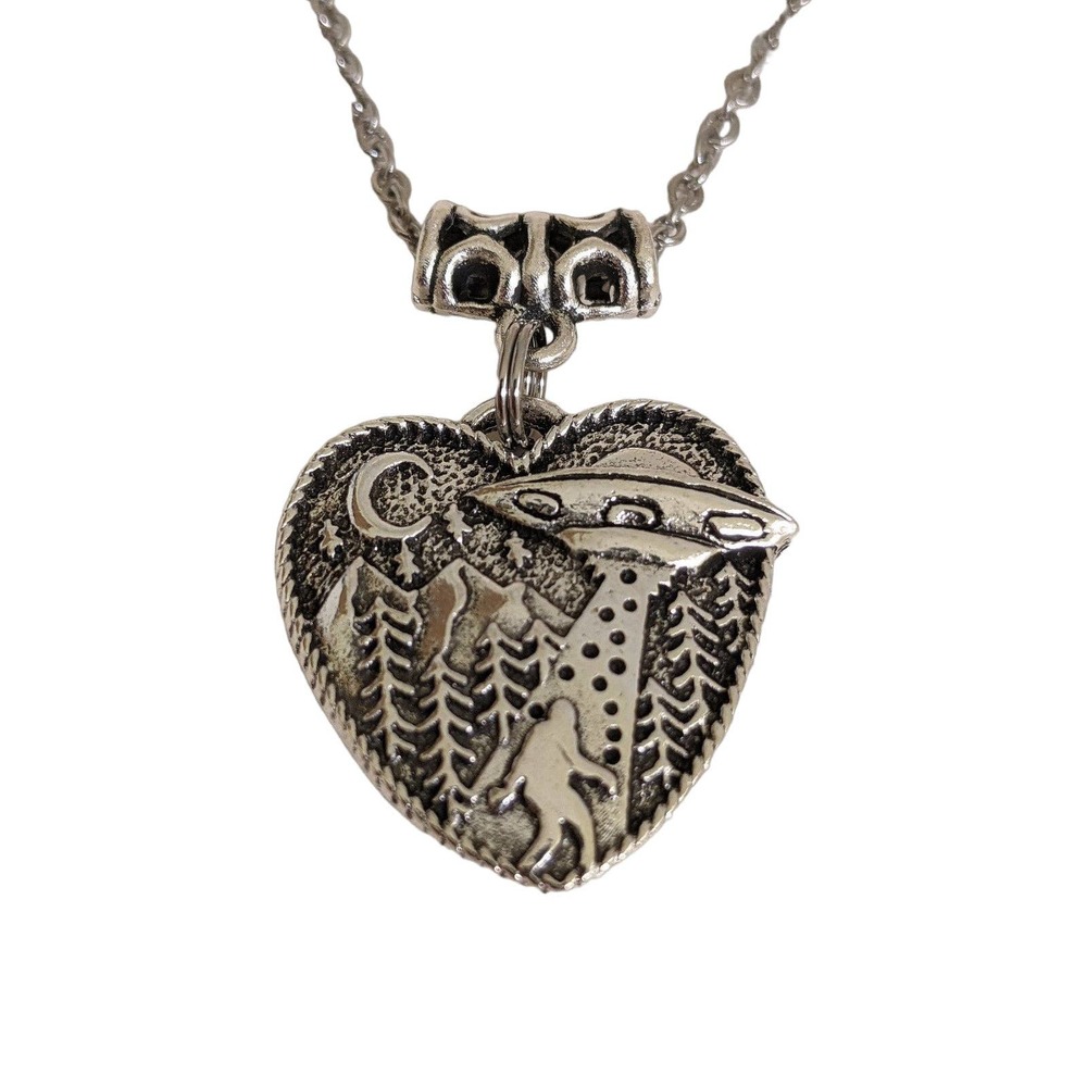 Bigfoot yeti sasquatch abducted UFO Heart Pendant Silver tone necklace
